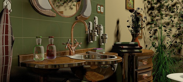 Newstalgia badkamer met groene tegels, goude details en een vintage uitstraling.