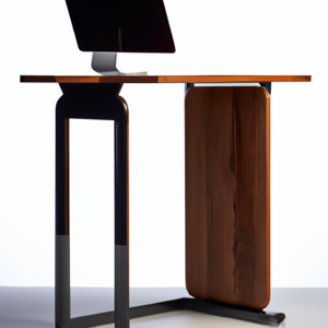 Een zit-sta bureau van hout met scherm erop