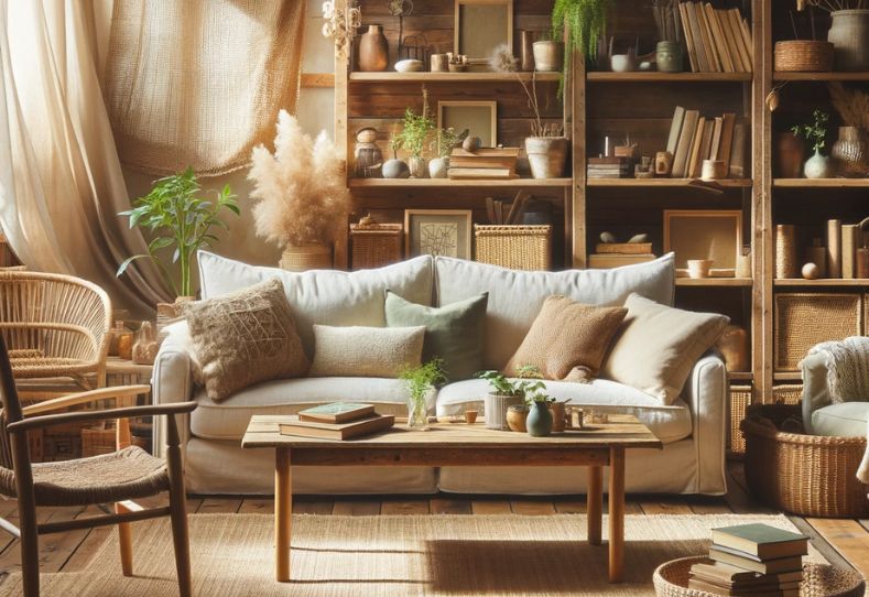 Een gezellige, duurzaam ingerichte woonkamer met een scala aan tweedehands meubels.